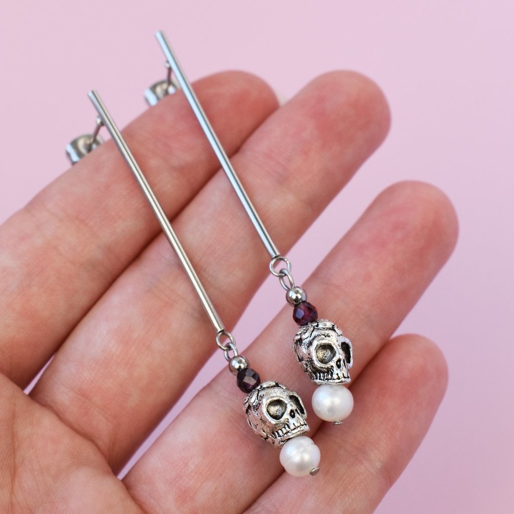 Long skull earrings dangle, real pearl earrings silver tone
